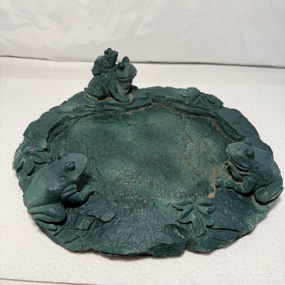 Vintage Hand Carved And Painted Stone Garden Sculpture Frogs Pond And Ivy Leaves